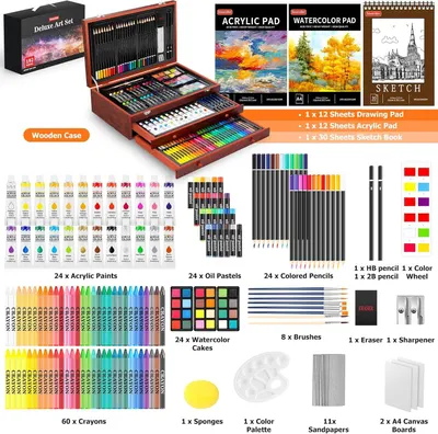 Shows all the items included in the deluxe art set to demonstrate the comprehensive value and variety of supplies the customer receives.