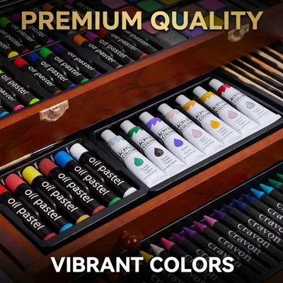 Communicates the high-quality materials and vibrant color range of the art supply set to reassure shoppers of the product's value and performance.