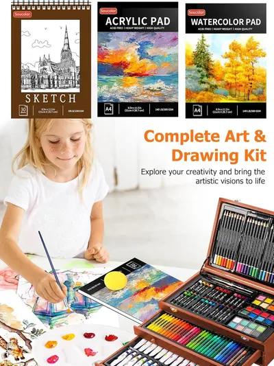 Shows everything included in the complete art kit bundle to demonstrate the comprehensive value and variety of supplies the customer receives, encouraging purchase by highlighting the all-in-one…