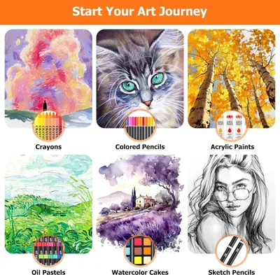 Showcases the brand's full product portfolio of art supplies across different mediums (crayons, colored pencils, acrylic paints, oil pastels, watercolor cakes, and sketch pencils) to help shoppers…