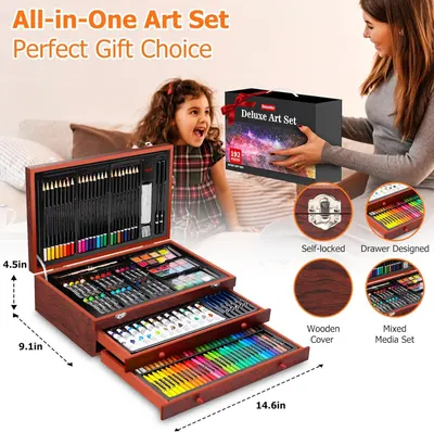 Positions the art set as an ideal gift option, showing a child's excited reaction to receiving the product and emphasizing its gift-worthiness with a red bow and gift messaging. Showcases multiple…