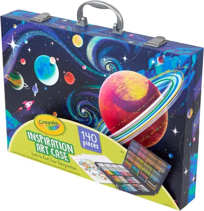 Shows the complete art case with all included supplies to communicate the comprehensive value and variety of tools the customer receives in this bundle.