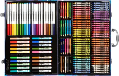 Shows the complete set of art supplies included in the kit, demonstrating the variety and quantity of markers, crayons, colored pencils, and pip-squeaks that come with the purchase.