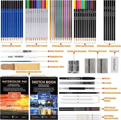 Shows the complete contents of the art kit bundle, demonstrating the comprehensive variety of drawing and painting supplies included to reassure shoppers they're getting everything needed for…