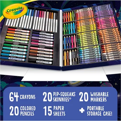 Shows the complete contents of the Crayola art kit, including 64 crayons, 20 Pip-Squeaks Skinnies markers, 20 washable markers, 20 colored pencils, 15 paper sheets, and a portable storage case, to…