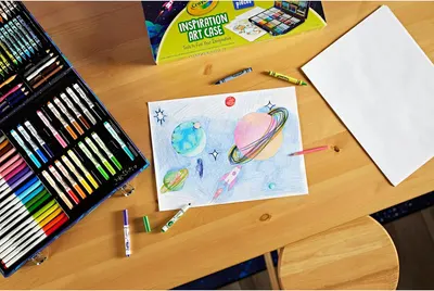 Shows everything included in the Crayola Inspiration Art Case — the full set of art supplies (markers, crayons, colored pencils) and demonstrates the product in use with a finished artwork to help…