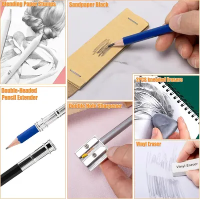 Shows all the drawing accessories and tools included in the kit to help shoppers understand the complete set of items they will receive with their purchase.