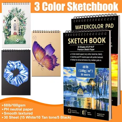 Shows the complete sketchbook set with three different paper colors (white, tan, black) and highlights the premium quality and specifications to help shoppers understand exactly what they receive in…