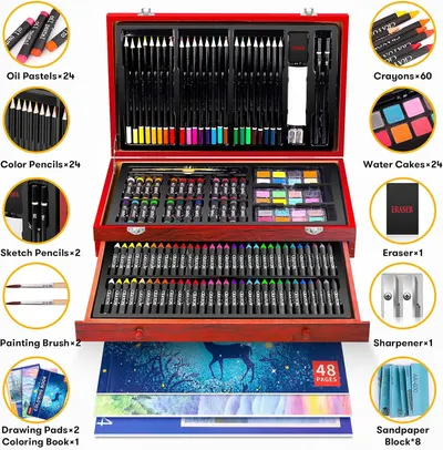 Shows the comprehensive contents of the art set to demonstrate the value and variety of supplies included in the purchase.