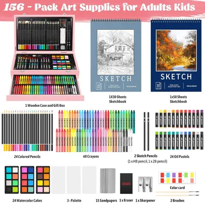 Shows all 156 items included in the art supplies kit to demonstrate the comprehensive value and variety of materials the customer receives.