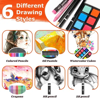 Demonstrates the product's versatility by showing it can be used with six different art media (colored pencils, oil pastels, watercolor cakes, crayons, HB pencil, and 2B pencil), reassuring shoppers…