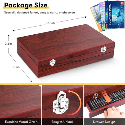 Communicates the exact physical dimensions of the art storage box (14.9in x 9.2in x 3.1in) to help shoppers understand its size and storage capacity for art supplies. Highlights multiple distinct…