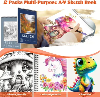 Demonstrates the sketchbook's versatility by showing it can be used for multiple art styles and mediums including sketch pencils, colored pencils, and charcoal, reassuring shoppers of its…