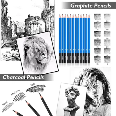 Showcases the product's versatility by highlighting two distinct pencil types (graphite and charcoal) with their respective hardness ranges and artistic applications, demonstrating the comprehensive…