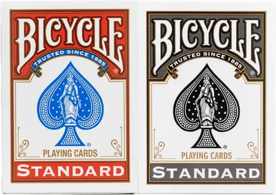 Displays the brand's product lineup by showing two color variants of Bicycle playing cards (red and black) to help shoppers choose between available options.