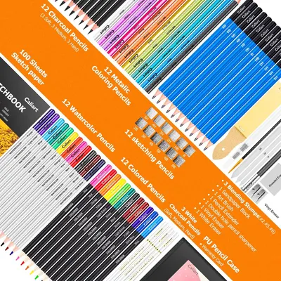Shows the comprehensive contents of the art supply bundle, including multiple types of pencils, sketch paper, and accessories, to demonstrate the complete value and variety the customer receives.