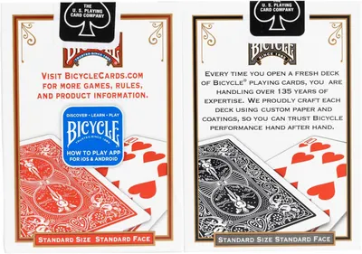 Communicates the Bicycle brand's 135-year heritage and craftsmanship, building trust and credibility. Also directs shoppers to additional resources and highlights app compatibility.