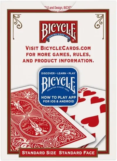 Communicates the Bicycle brand identity and heritage (Trusted Since 1885) while directing shoppers to the brand website for additional product information and game rules.