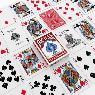 Shows the customer exactly what they receive in the package: a complete deck of Bicycle Standard playing cards including all suits, face cards, number cards, and jokers, demonstrating the product's…
