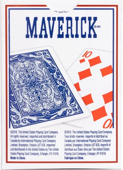 Showcases the Maverick brand name and playing card product packaging to establish brand recognition and communicate the product's identity as a branded playing card deck.