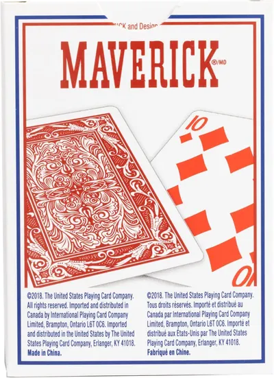Showcases the Maverick brand name and playing card design to establish brand recognition and communicate the product's identity as a playing card deck.