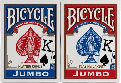 Showcases the Bicycle brand's product line by displaying two color variants (blue and red) of the Jumbo playing cards, while emphasizing the brand's heritage with 'Trusted Since 1885' messaging.