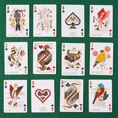 Displays the brand's complete product line of decorative bird-themed playing cards, helping shoppers understand the variety and artistic style of the full deck collection.