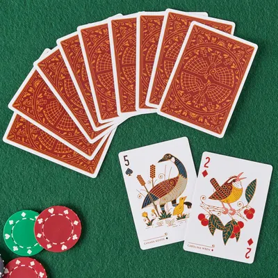 Shows the playing cards and poker chips in a clean, lifestyle setting to help shoppers visualize the product in use during a card game.