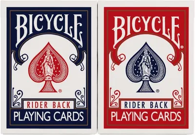 Shows the two color variants available in the Bicycle Rider Back playing cards product line, helping shoppers choose between blue and red deck options.