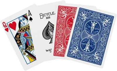 Shows the shopper what is included in the product package—multiple playing cards with different designs (red and blue backs) and face cards—to communicate the complete deck contents and design…