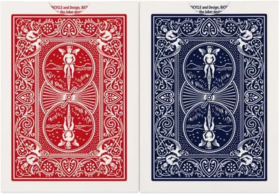 Displays the brand's product line by showing two color variants (red and blue) of the same playing card design, helping shoppers understand available options.