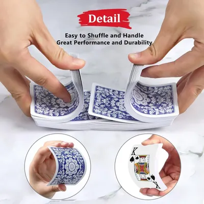 Demonstrates the playing cards' flexibility, ease of handling, and durability through hands-on shuffling demonstration and close-up detail shots.