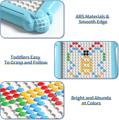 Communicates multiple product benefits in a segmented layout: safe ABS material construction, toddler-friendly ergonomic design, and vibrant colorful pegs that make the toy engaging and easy to use.