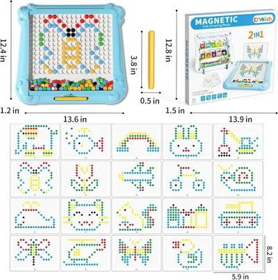 Shows the exact physical dimensions of the magnetic drawing board, packaging, stylus, and pattern cards to help shoppers understand the size and scale of the product before purchase. Demonstrates…