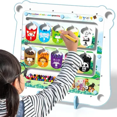 Demonstrates how children use the product to learn colors and counting by sorting colored balls into numbered animal containers, showing the interactive educational play experience. Communicates the…