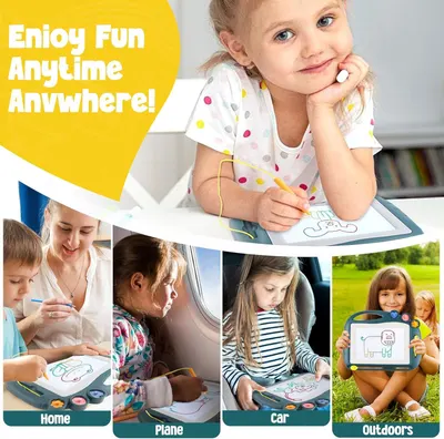 Demonstrates that the drawing tablet can be used in multiple environments (home, plane, car, outdoors), emphasizing its versatility and portability for entertainment anytime, anywhere.