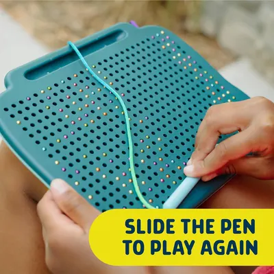 Demonstrates how to reset and reuse the product by sliding the pen across the board, reassuring shoppers that it's simple to play again and again. Highlights the product's reusable nature and ease…