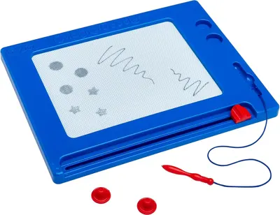 Shows everything included in the package: the magnetic drawing board, attached stylus pen, and two stamp accessories, helping shoppers understand the full value of what they will receive.