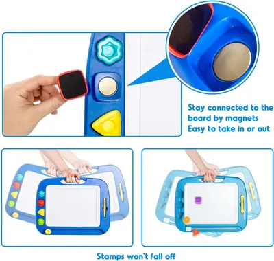 Demonstrates multiple benefits of the magnetic stamp system: stamps stay connected to the board magnetically, are easy to insert and remove, and won't fall off during use.