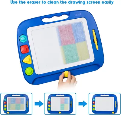 Demonstrates how to use the eraser to clean the drawing screen, showing the step-by-step process from drawn to partially erased to fully clean. Highlights the ease of cleaning the drawing screen…