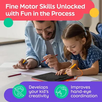 Communicates multiple developmental benefits of the product, showing how it helps children develop fine motor skills through creative play while improving hand-eye coordination.