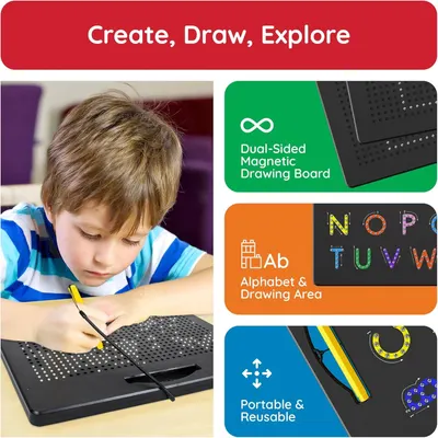 Showcases multiple distinct benefits of the magnetic drawing board in a segmented layout, highlighting its dual-sided design, educational alphabet feature, and portability to demonstrate versatility…