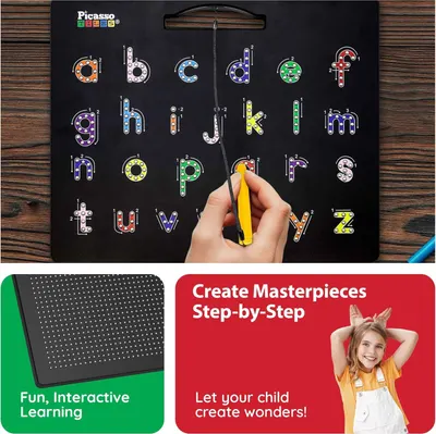 Communicates multiple benefits of the product including educational alphabet learning, interactive hands-on play, and guided step-by-step creative activities to reassure parents of its developmental…