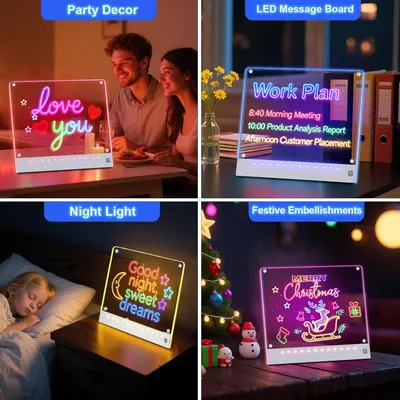 Demonstrates the product's versatility by showing four distinct use scenarios—romantic decor, work planning, children's night light, and holiday decoration—to communicate that this LED message board…