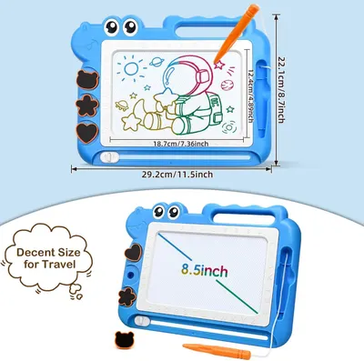 Communicates the exact physical dimensions of the drawing board (29.2cm x 22.1cm overall, 8.5-inch screen) with measurement arrows to help shoppers understand the product's size and portability for…