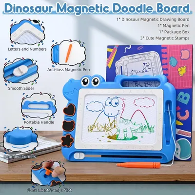 This image breaks down the physical components and features of the magnetic doodle board, helping shoppers understand the product's construction and functional parts through labeled callouts and…