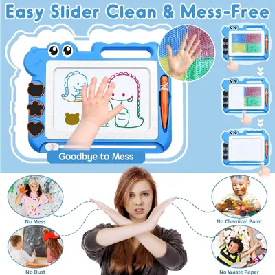 Communicates multiple benefits of the magnetic drawing board by showing it eliminates common problems parents face with traditional art supplies: no mess, no dust, no chemical paint, and no waste…