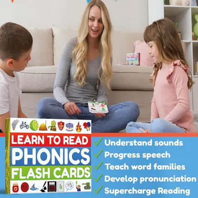 Communicates multiple educational benefits of the phonics flash cards in a segmented checklist format to reassure parents and educators of the product's comprehensive learning value.