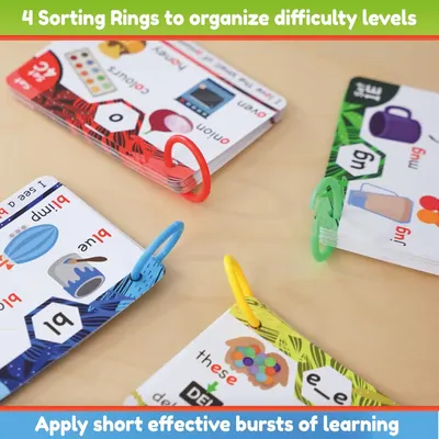 Shows the complete set of educational materials included in the product—four color-coded sorting rings with flash cards—to help parents understand what they're receiving and how the system organizes…