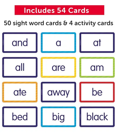 Shows the customer exactly what is included in the package: 50 sight word cards and 4 activity cards, helping them understand the complete contents of the educational product.